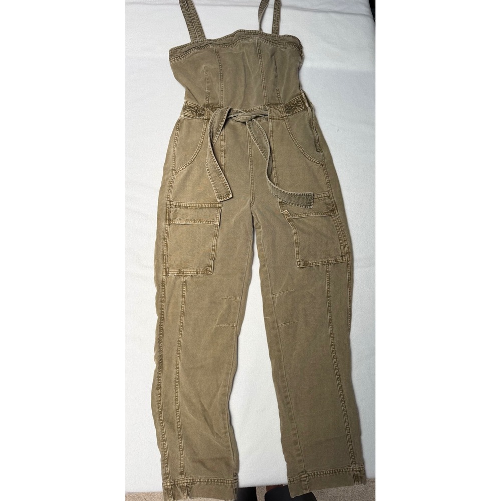 Free People Women Utility Cargo Jumpsuit Olive Green Tie Waist Sleeveless Small